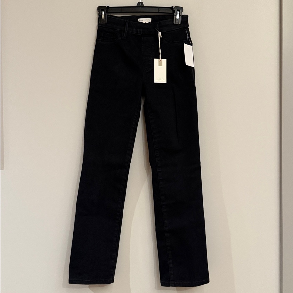 NWT Good American Good Legs Straight Jeans Small Black Mid Rise Tummy Tech 1 - Picture 3 of 9